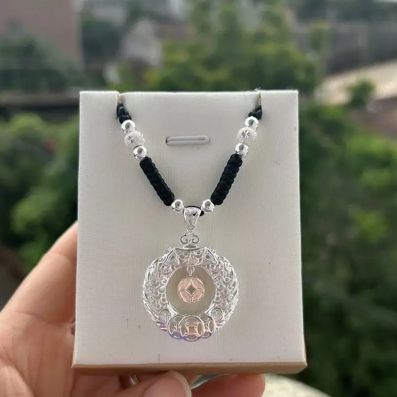 

999 Pure Silver Pendant Necklace for Women, New Chinese Double Dragon Coin Locket, Lucky Peace Knot Gift, Adjustable Chain