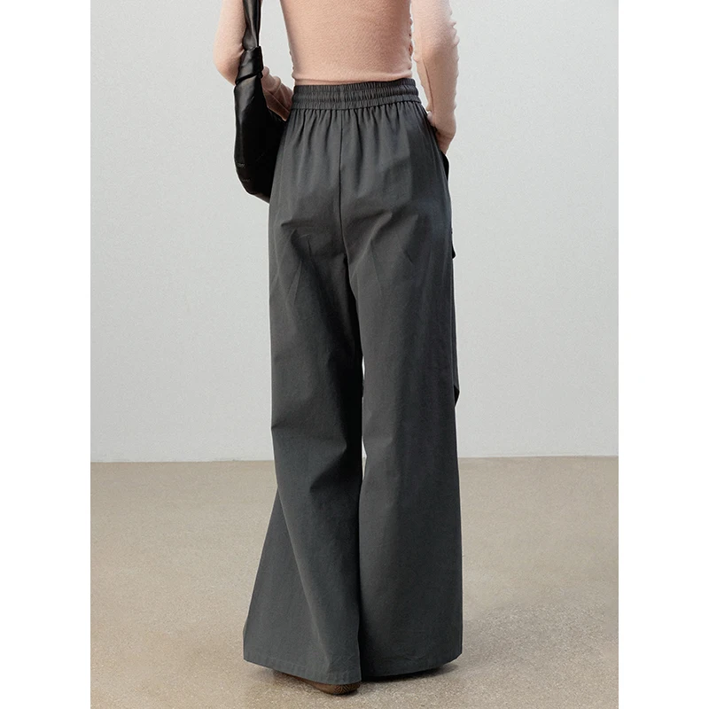 Eggka Solid Color Highwaisted Casual Pants Female Elastic Waist Long Pants Commuter Loose Wide-Legged Pants Gray 2024 Autumn