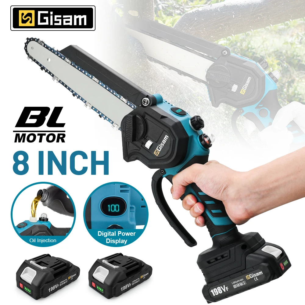 Gisam 8 Zoll Bürstenlose Elektrische Kettensäge Kabellose Holzbearbeitungs-Elektrosäge Garten-Astschere Kettensäge Elektrowerkzeug für Makita 18V Akku