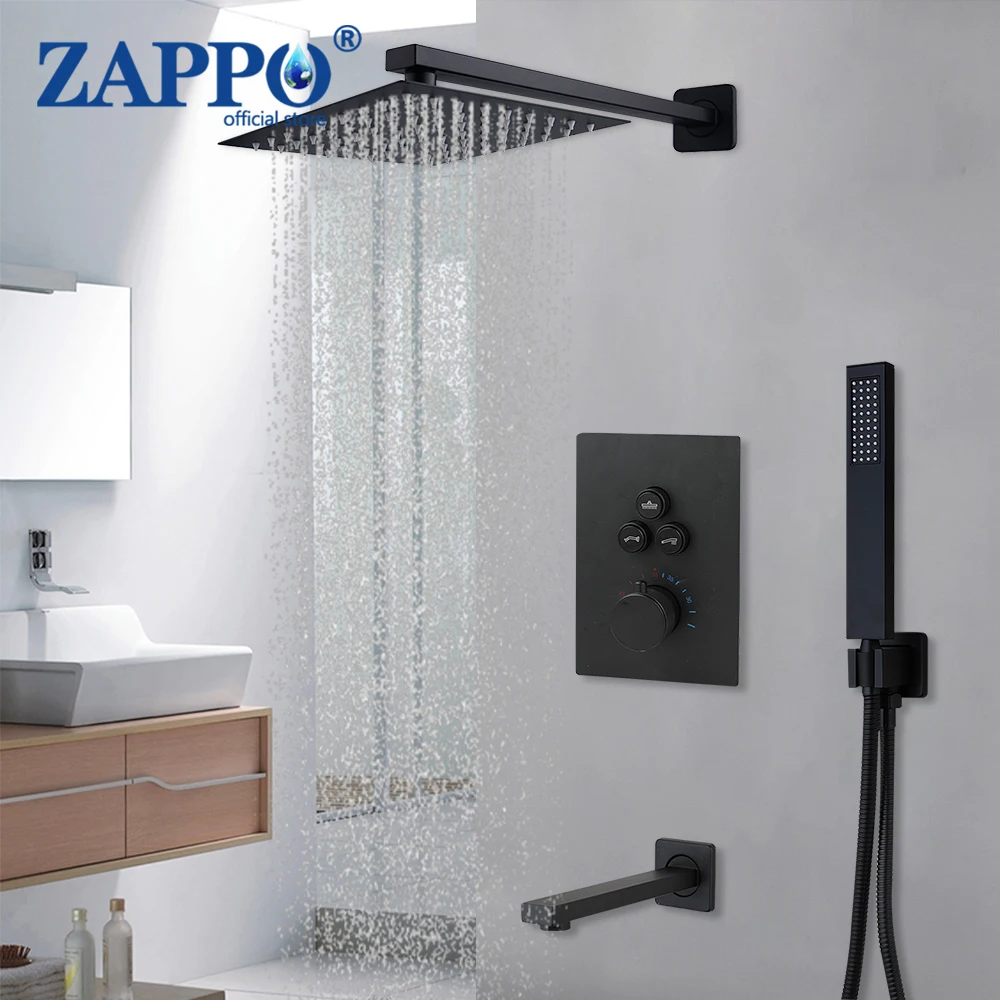 

ZAPPO Matte Black Concealed Shower Sets Thermostatic Bathroom Shower Faucet 3 Ways Shower System Rainfall Head Wall Mounted