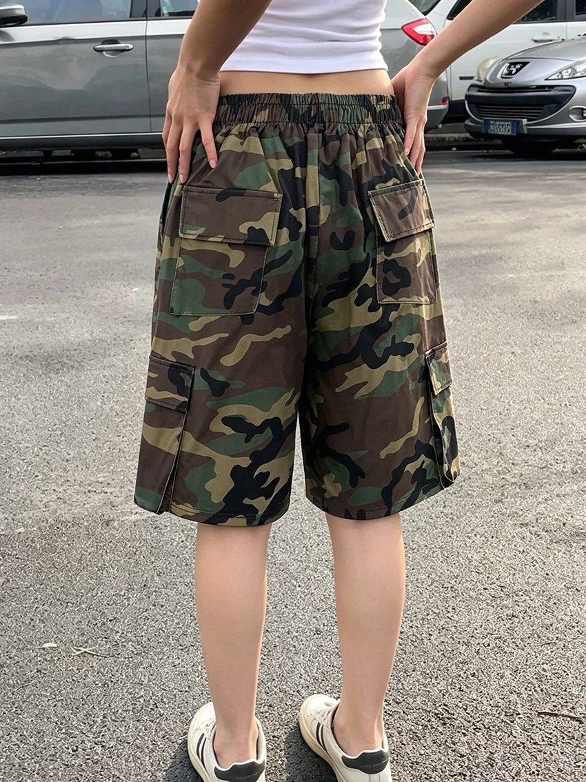 Women Fashion Camouflage Cargo Shorts Summer Streetwear Elastic Waist Drawstring Multi Pockets Loose Casual Short Pants Feminino