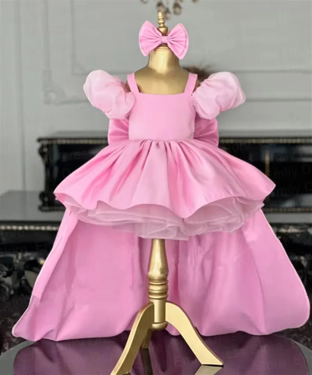 

Customized Pink Satin Flower Girl Dress For Wedding Puffy With Bow Princess Pageant Kids Baby Birthday First Communion Gown