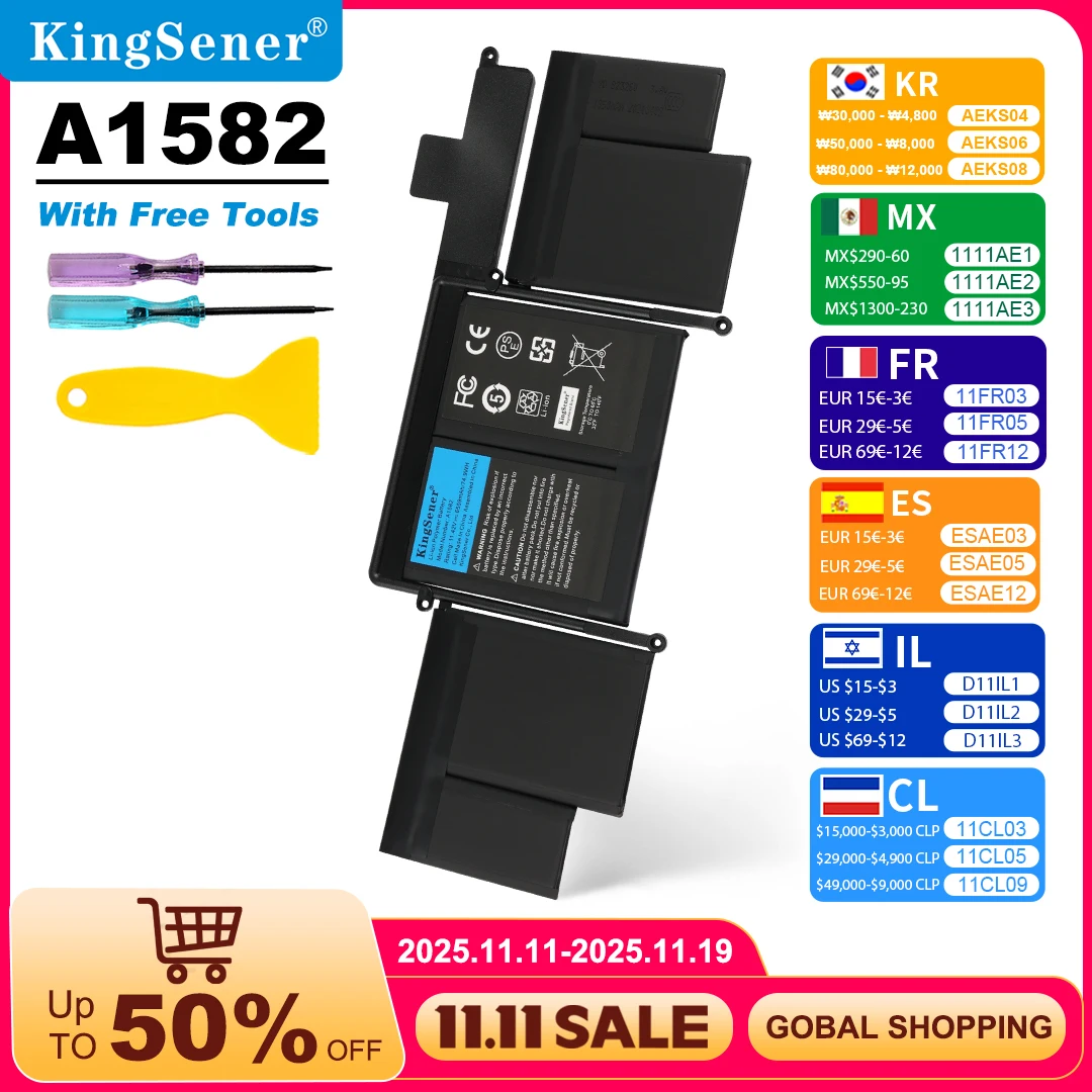 

KingSener A1582 A1493 Laptop Battery For Apple MacBook Pro 13" Retina A1502 2013 2014 2015 Year 020-00010 Free Tools 500+ Cycles