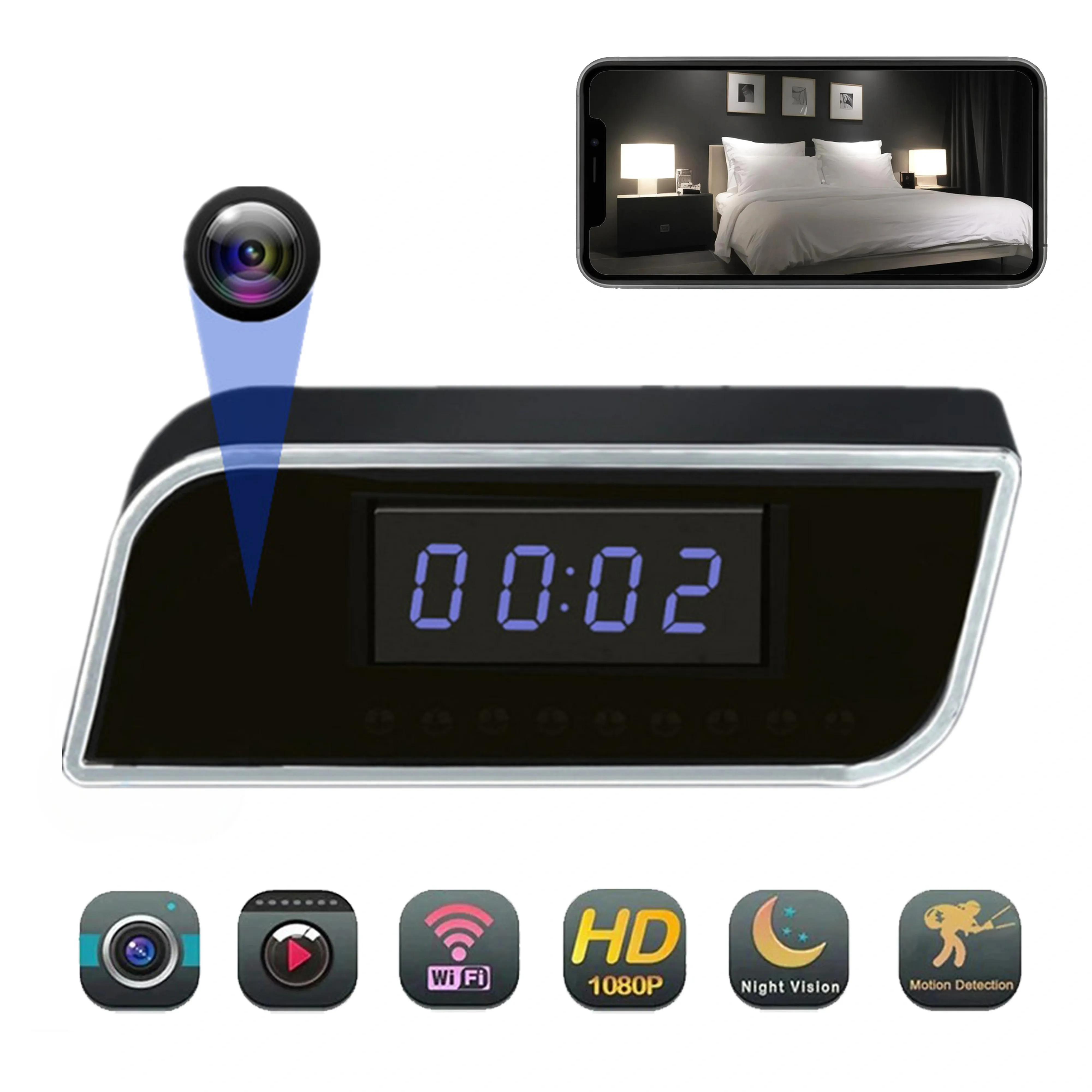 Mini Camera Clock Full HD 1080P, Wireless WiFi Control, IR Night Vision View, DVR Camcorder, Home Video Small clock camera