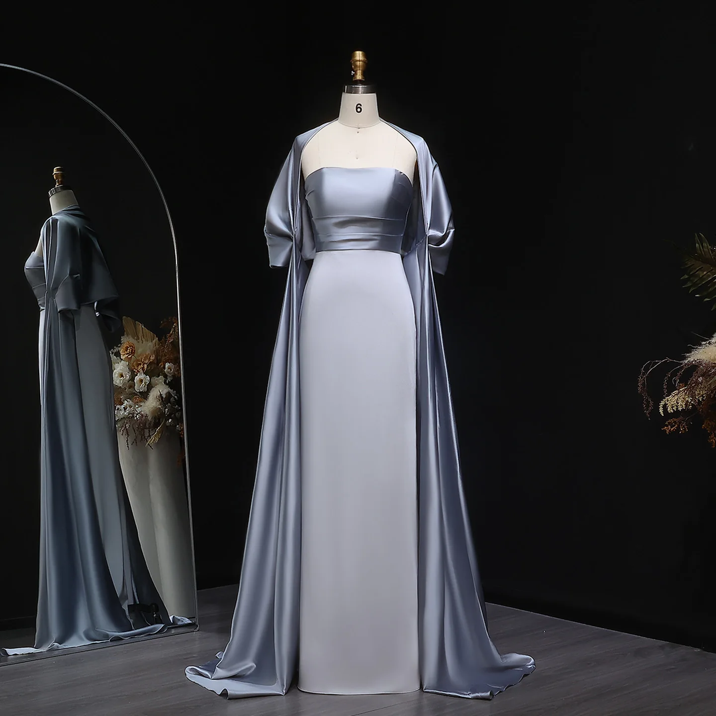 Sharon Said Elegante abito da sera in raso grigio con mantello Abiti da festa di nozze da donna modesti SF071 personalizzati