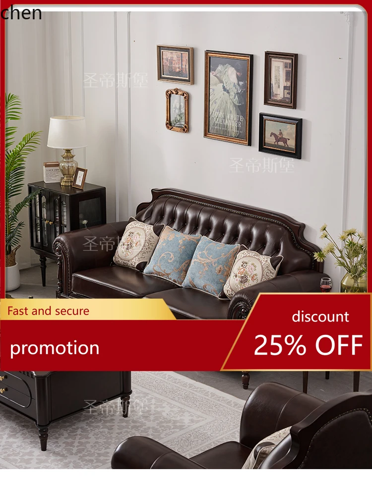 

HT Solid Wood Genuine Leather Sofa Top Layer Cowhide 123 Combination Retro Style Villa Living Room Furniture Four-Seater