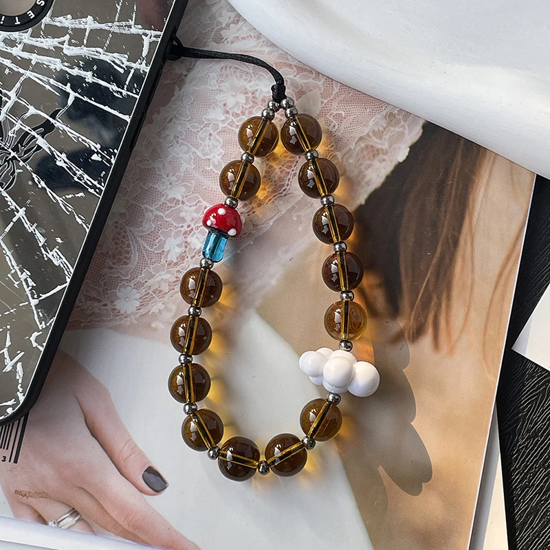 1szt Maillard Color Retro Style Amber Crystal Glass Beaded Cloud Mobile Phone Chain Pendant