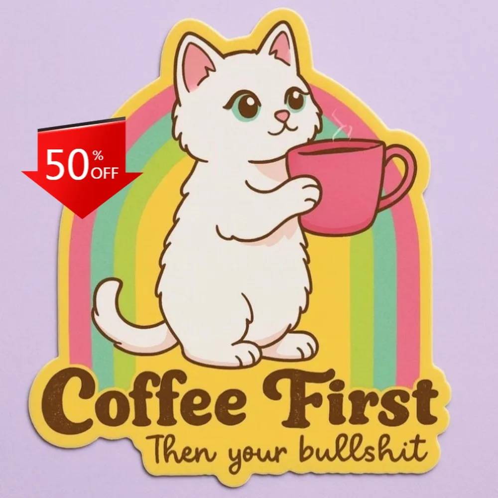 Fun coffee cat stickers Retro Car Laptop Window Bumper Waterproof Vinyl Decal Accessory Vintage Cute Cool Cool Unique Unique