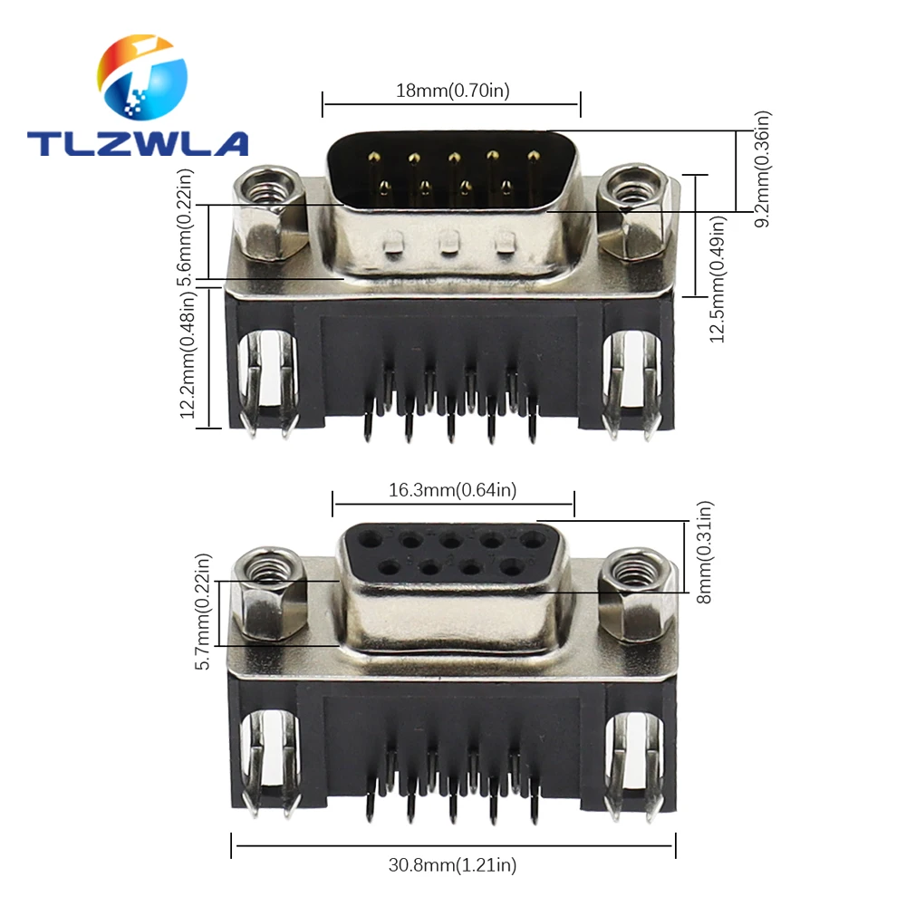 10PCS DB9 Female Male PCB Mount D-Sub 9Pin PCB Connector RS232 Connector 90-degree Bent Needle DR9