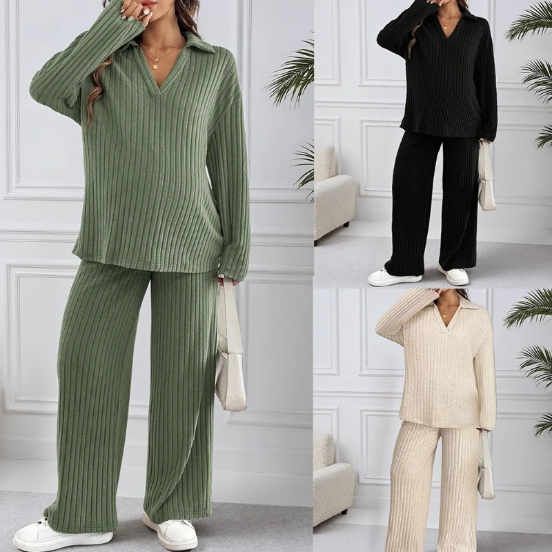 Flip Collar V-neck Knitted Maternity Suit Long Sleeved Top Wide Leg Pants Casual Outdoor Home Two-piece Set