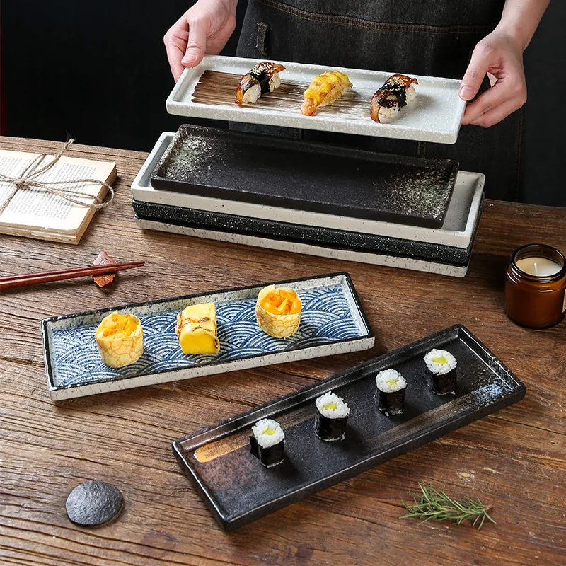 

Japanese style sushi plate rectangular tray hot pot barbecue plate commercial ceramic tableware creative long plate
