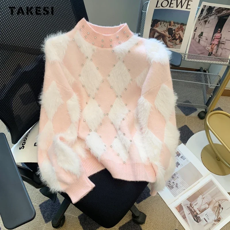 

2023 Winter Sweet Casual Beading Knitting Long Sleeve Pullovers Korean Fashion Women Plaid Print Round Neck Ladies Sweater