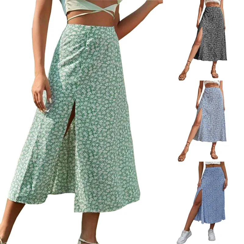 Vintage-Rock, Sommerrock mit Blumenmuster, hohe Taille, Stretch, langer Rock für Damen, A-Linien-Röcke, modischer Strand-Maxirock
