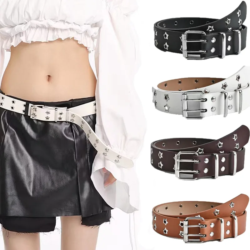 Belt Star Rivet Double Needle Buckle PU Leather Belt Men\'s and Women\'s Jeans Fashion Belt Y2K Style 110*3.3cm Black White Belt