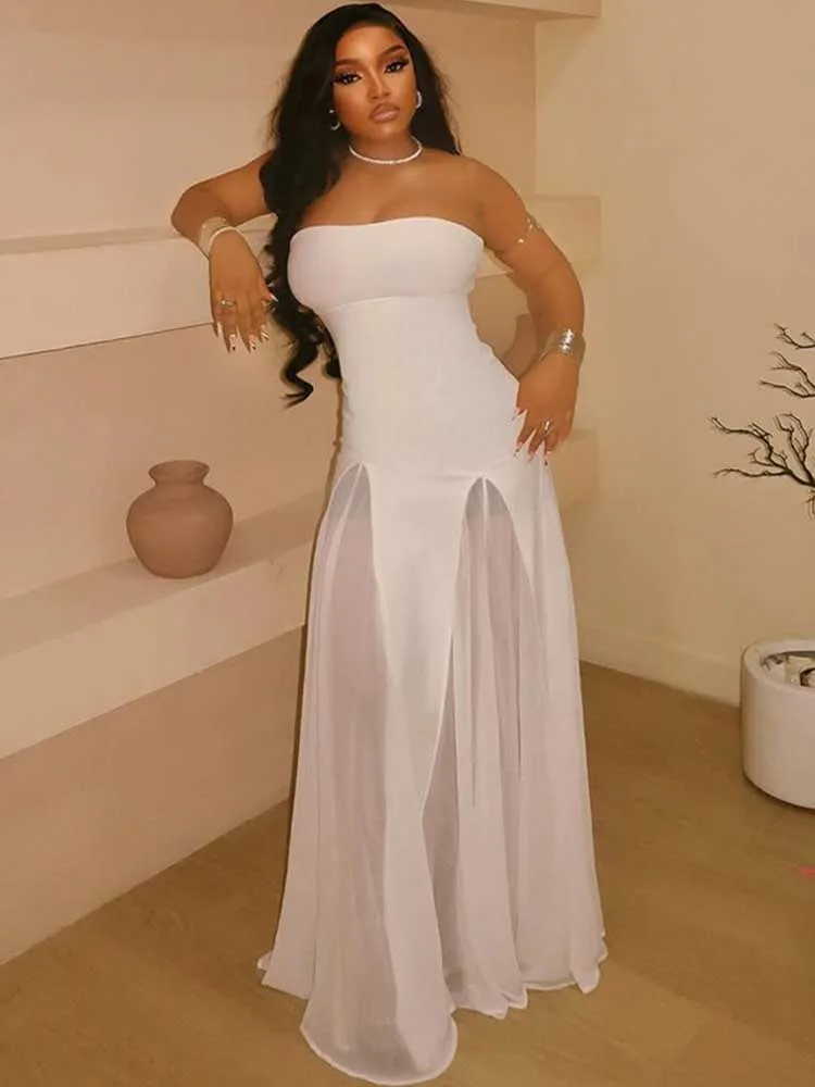 Elegant White Dresses for Women Sleeveless Fashion Party Dress Sexy Long A-line Strapless Evening Dress Backless Female Clothing
