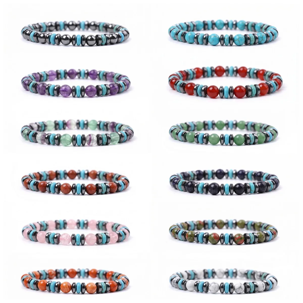 Fashion Gemstone Round&Hematite 6MM Bead Elastic Bracelet Luck Healing Bracelet Unisex Custom Jewelry Crystal Agate