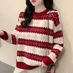 New Winter Fashion Lazy Stripe Round Neck with Plush Thickened Loose and Versatile Western Style Reduced Age Long Sleeve Sweater