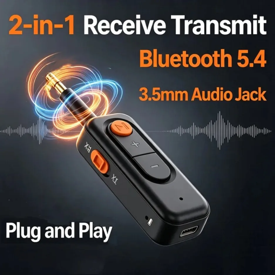 Bluetooth 5.4 Audio Transmitter Receiver 3.5MM AUX HD HiFi Stereo Music Wireless Adapter With Mic For Car Airplane TV PC Speaker