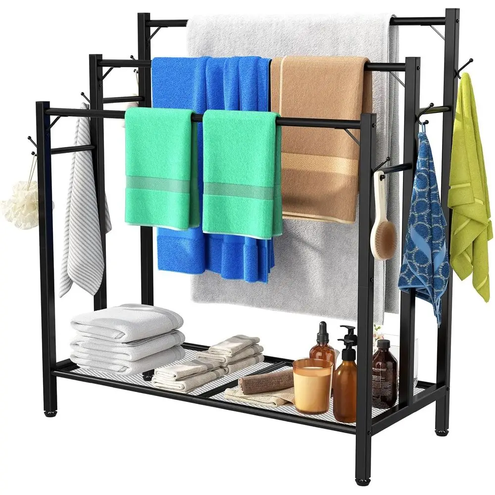 

3 Tier Towel Rack with Large Storage, 6 Hooks, Oversized Bath Towels, Pool Towel Rack Stand, Indoor/Outdoor, 35.8 H x 31.5 L x 1