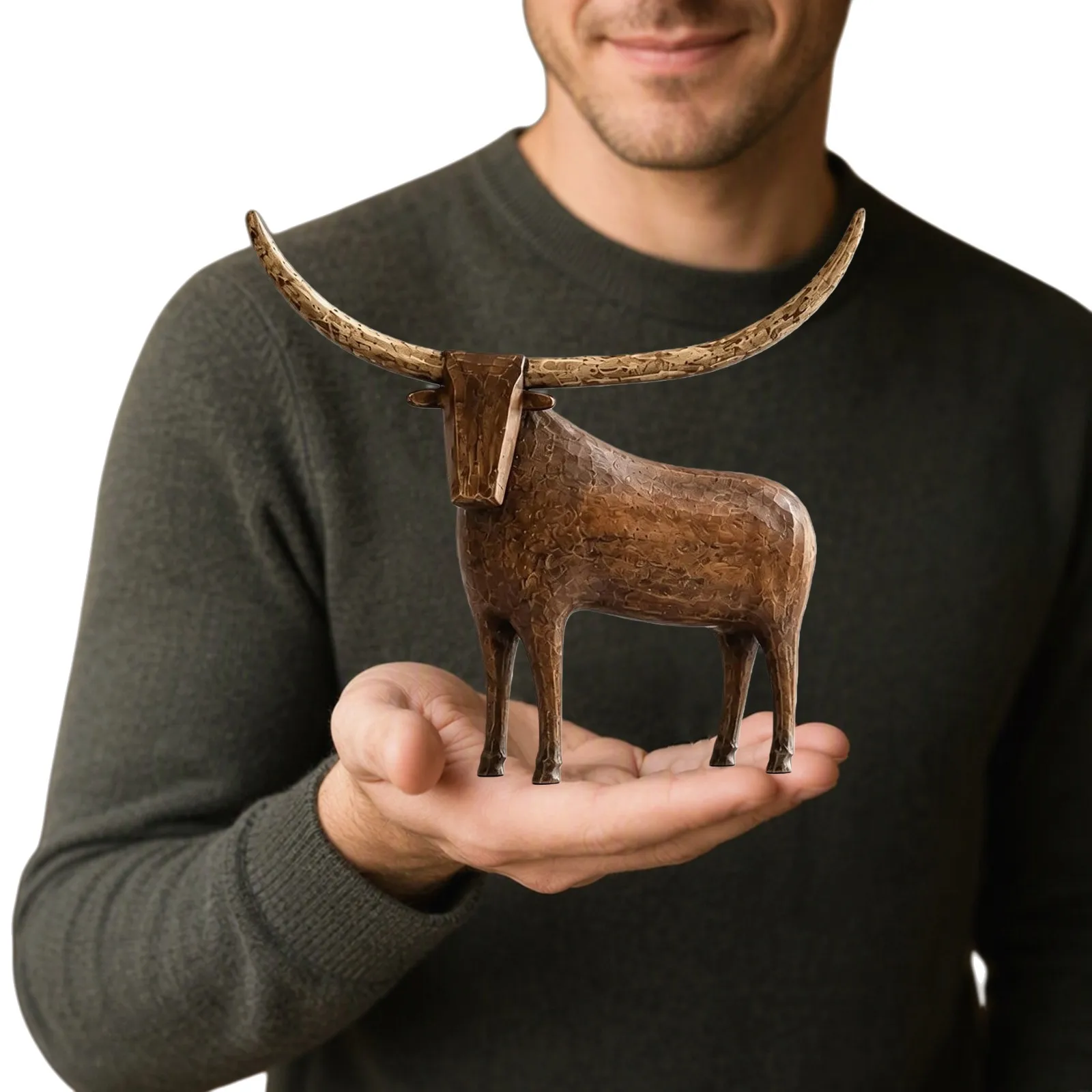 Vintage Longhorn Bull Figurine, Rustic Farmhouse Decor, Wooden Look Western Sculpture, Folk Art Style Ornament for Cowboy Gift