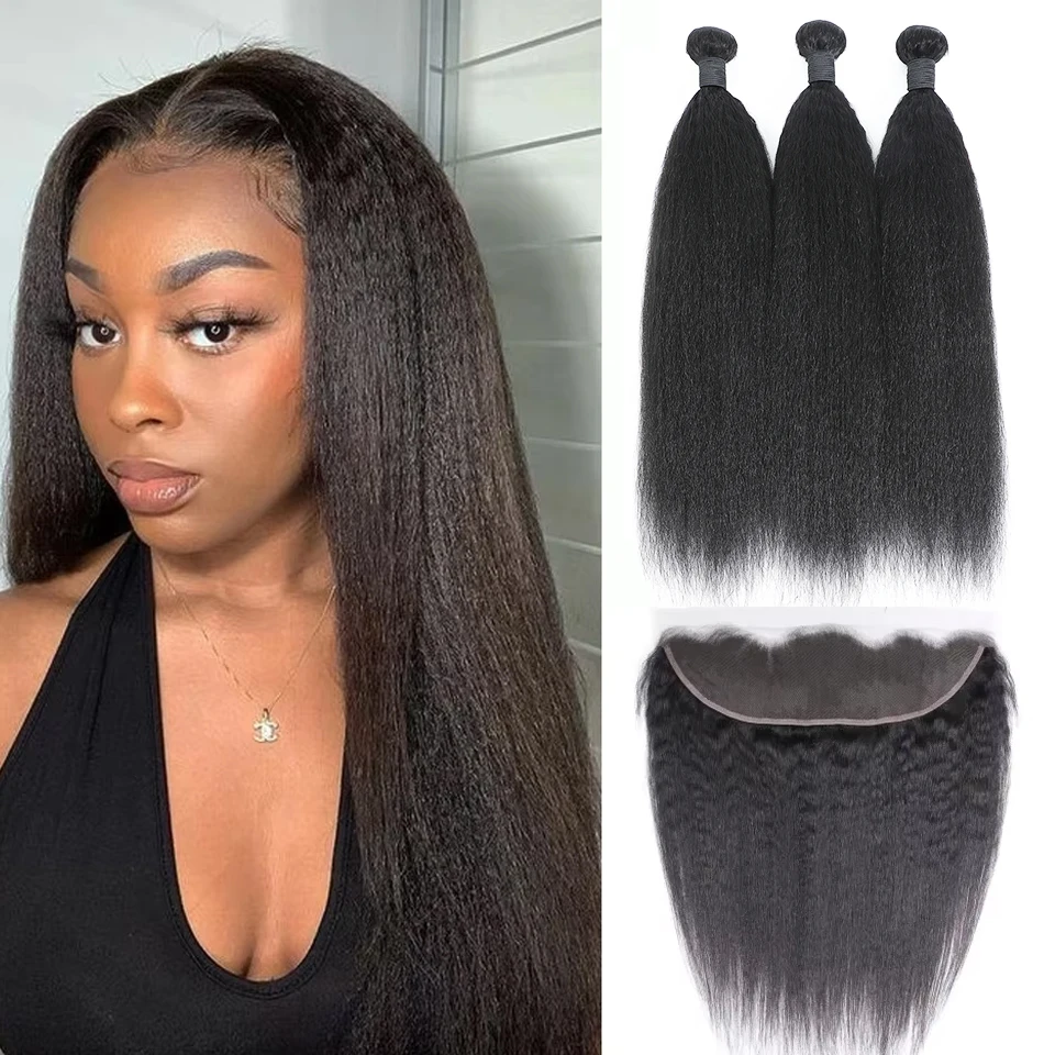 

Бразильские прямые волосы Kinky Straight в пучках с фронтальной застежкой, натуральные человеческие волосы Yaki Straight, фронтальная застежка на кружевной основе с 3/4 пучками в комплекте