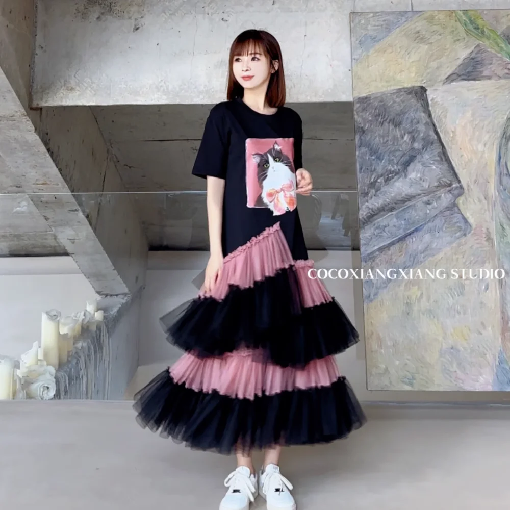 Thai Fashion Brand Designer Dresses Heavy Industry Net Yarn Stitching Cat Pattern T-shirt Loose Slimming Puffy Cake Long Dress