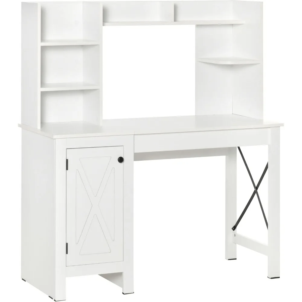 Farmhouse Computer Desk with Hutch and Cabinet, Home Office Desk with Storage, for Study, White