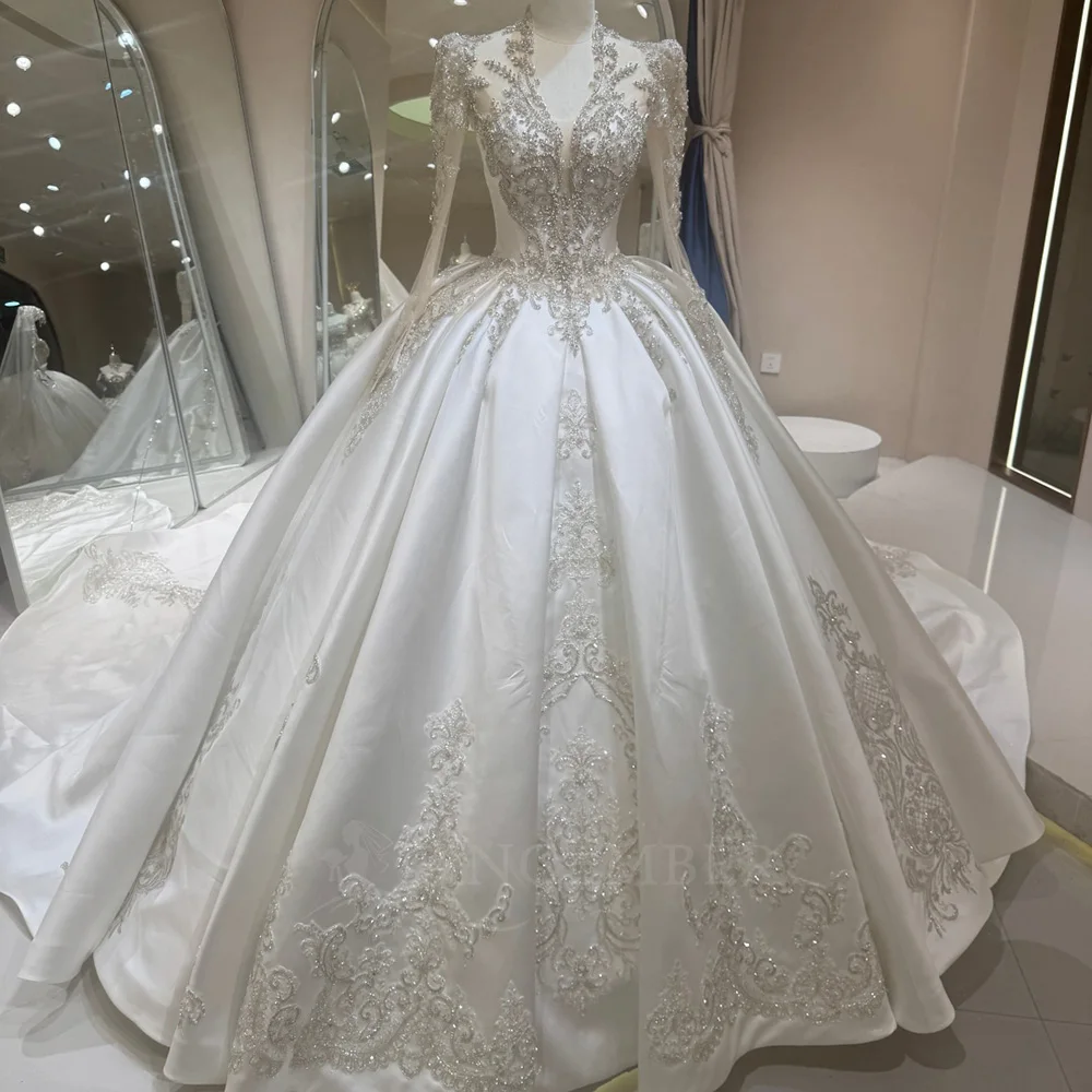 Customized Long Sleeves Affordable Beach Wedding Dresses Sexy Sequins Beads Princess Women's Bride Gowns Satin Vestido De Noiva