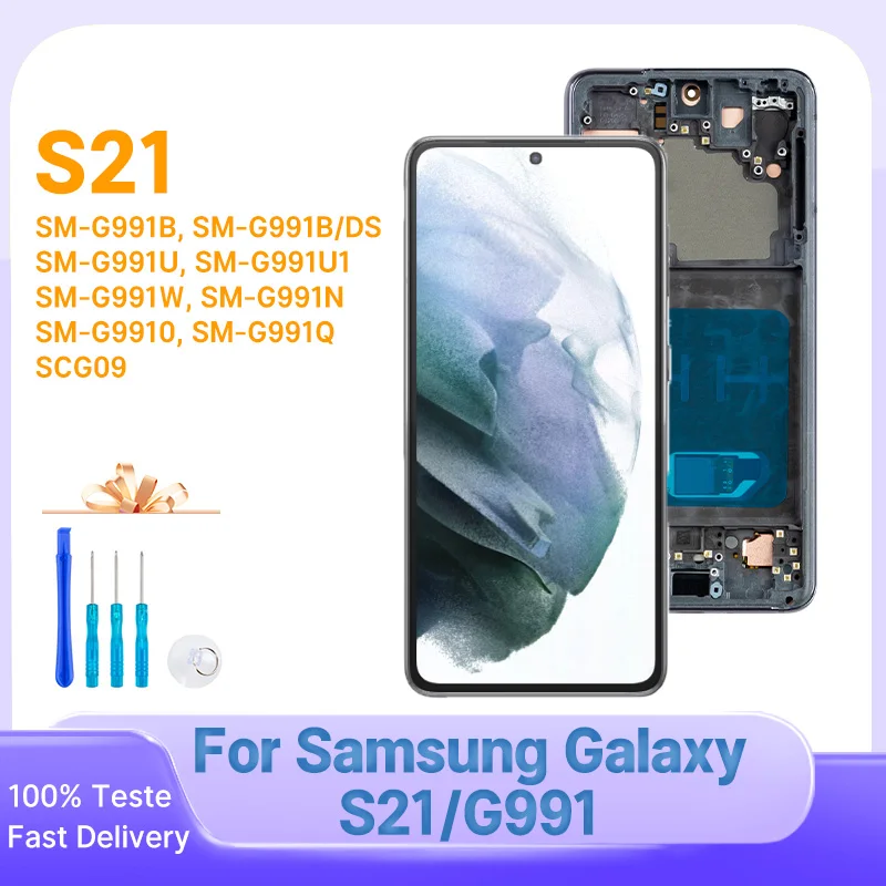 Super AMOLED For Samsung Galaxy S21 5G SM-G991B LCD Display Touch Screen Digitizer For Samsumg S21 G991N G991U LCD With Frame