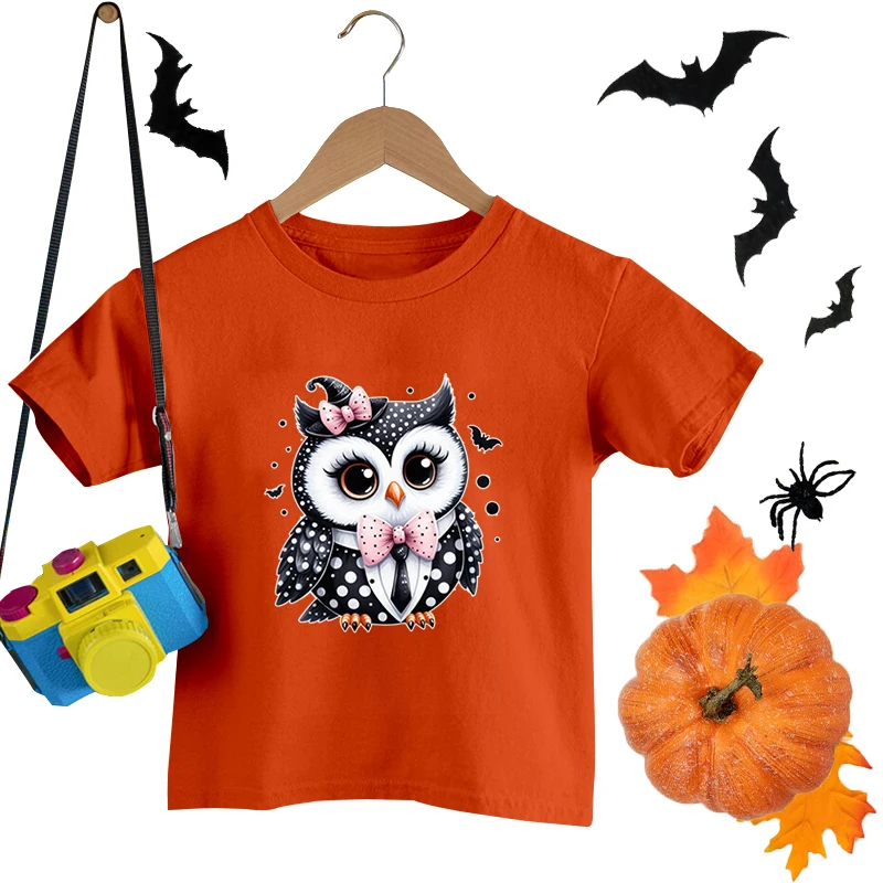 

Cute Halloween Owl Bow Print T-shirt Happy Halloween T-shirts Casual Short Sleeves Children Boys Girls Round Neck T-shirt