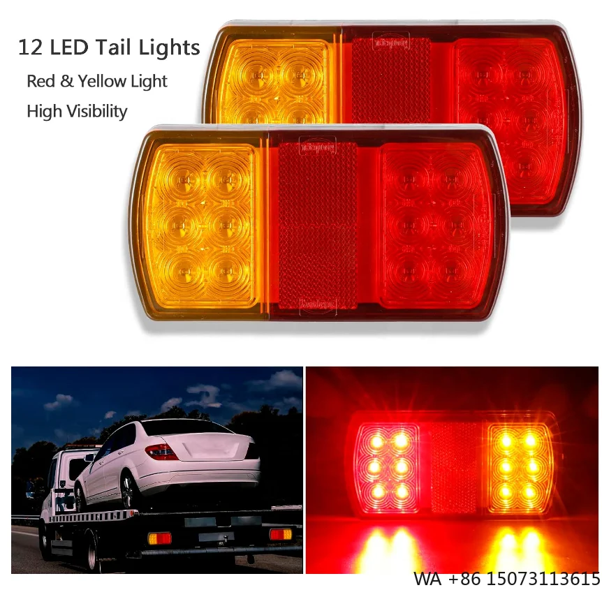 2-Pack 12V 12 LED Universal Trailer Tail Light Brake Turn Signal Indicator for Truck Boat Van Caravan