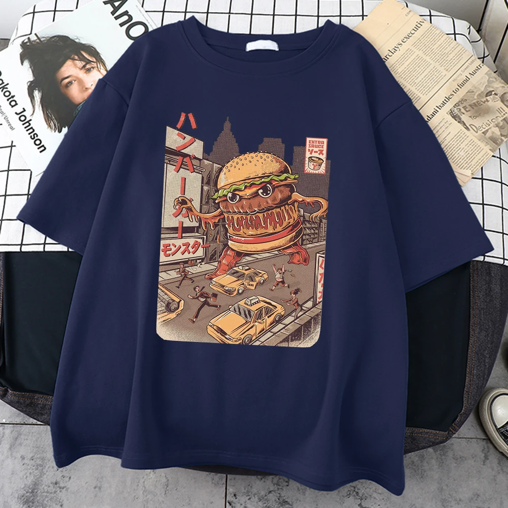 Ukiyoe Japan Style Burgerzilla Tee Shirt Harajuku Retro T Shirt Summer Street Tee Shirts Tops Casual Loose T Shirts For Mens