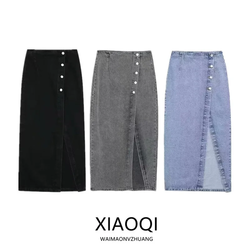 Spring 2024 High Waist Midi Skirt Women's Double Breasted Button Decorated Asymmetrical High Waist Slimming Half Body Skirt