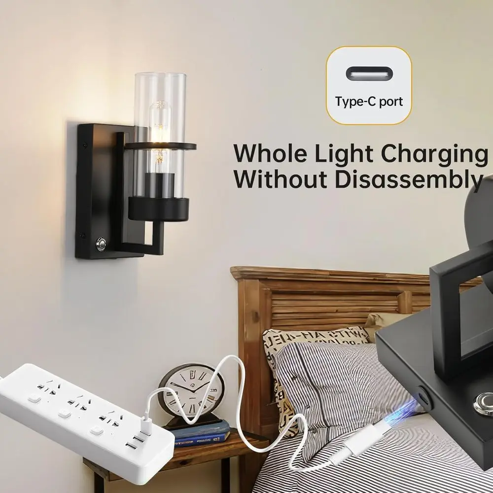 Par de apliques de pared regulables recargables con USB-C, batería de 8000 mAh para iluminación de 60 horas, pantalla de vidrio transparente en negro