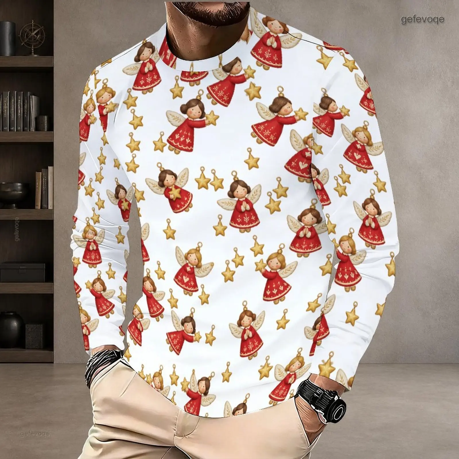 Men Round Neck Long Sleeve T-Shirt, Printed Golden Trumpet Red Bow Holly Gold Star Pattern Pullover Top