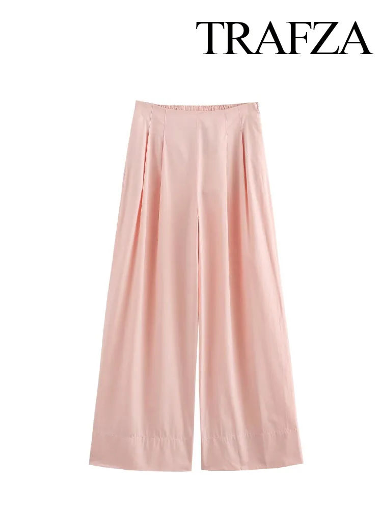 

TRAFZA Summer New Fashion Women Long Pants Pink High Waist Pockets Zipper Trousers Female Streetwear Style Wide Leg Pants