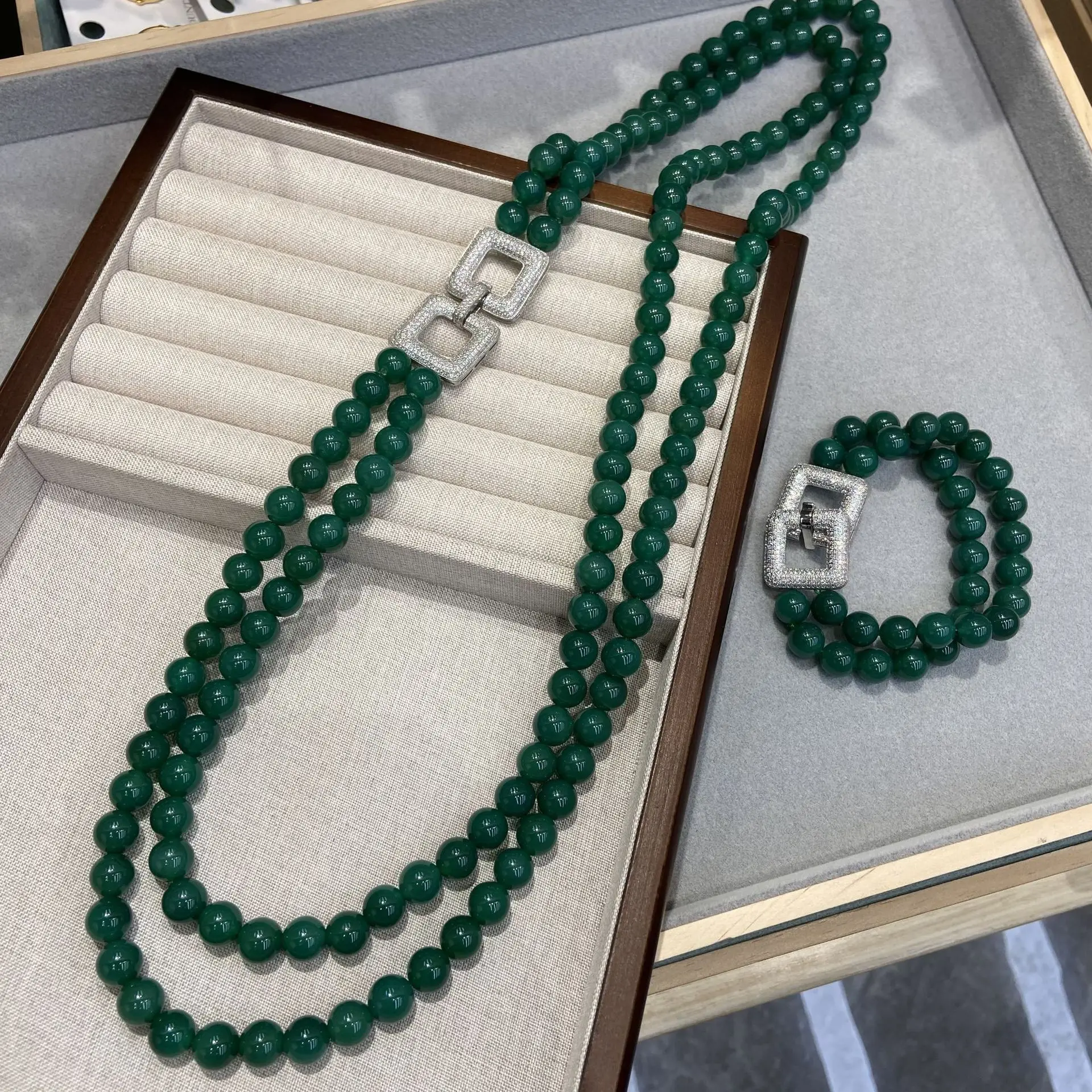 Natural imperial beryl long double layer necklace sweater chain advanced jade agate bead bracelet for women comparable to jade