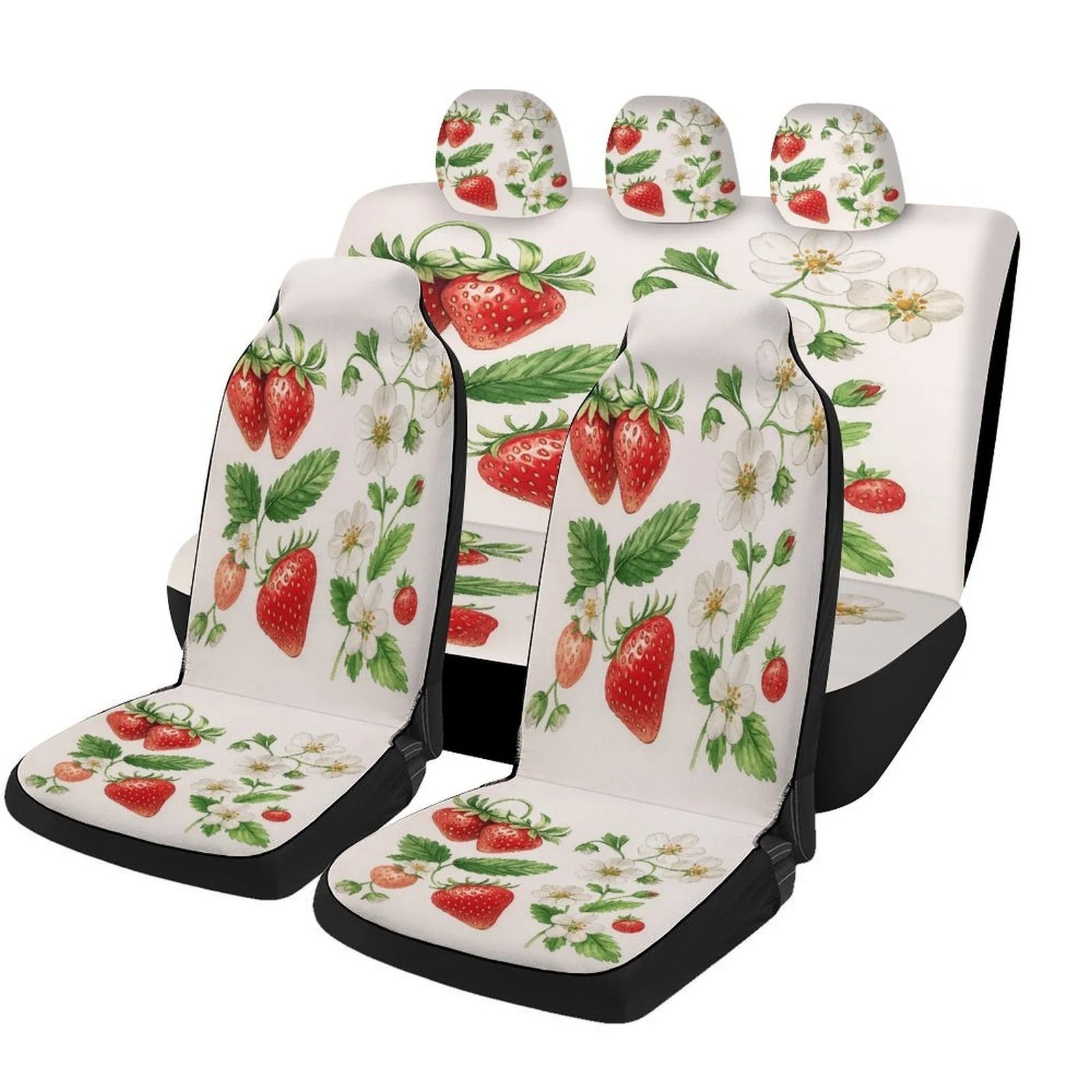 

Strawberry Blossoms Themed Car Seat Cover Set - Trendy High-Quality Polyester Full Set For 2 Front & Rear Seats, Ideal For All S