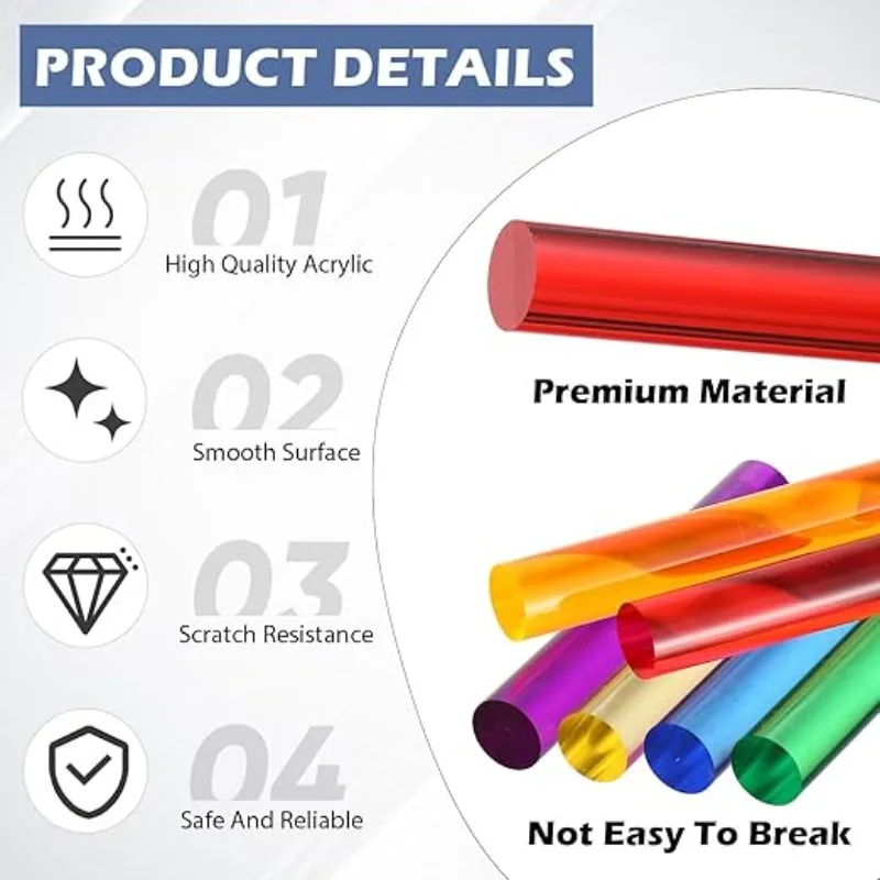 48 Peças de Pinos de Refil, Bastões Redondos de Acrílico Coloridos, Hastes Translúcidas Transparentes de 1/2" de Diâmetro e 3" de Comprimento para Painel de LED Iluminado