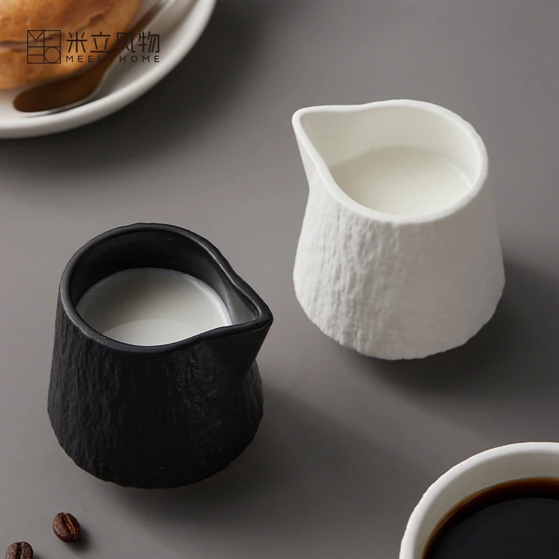 Rock Pattern Steak Sauce Cup, Pointed Mouth Milk Jugs, Sugar Bowl, Mini Milk Pot, Black and White Ceramic Espresso Cups
