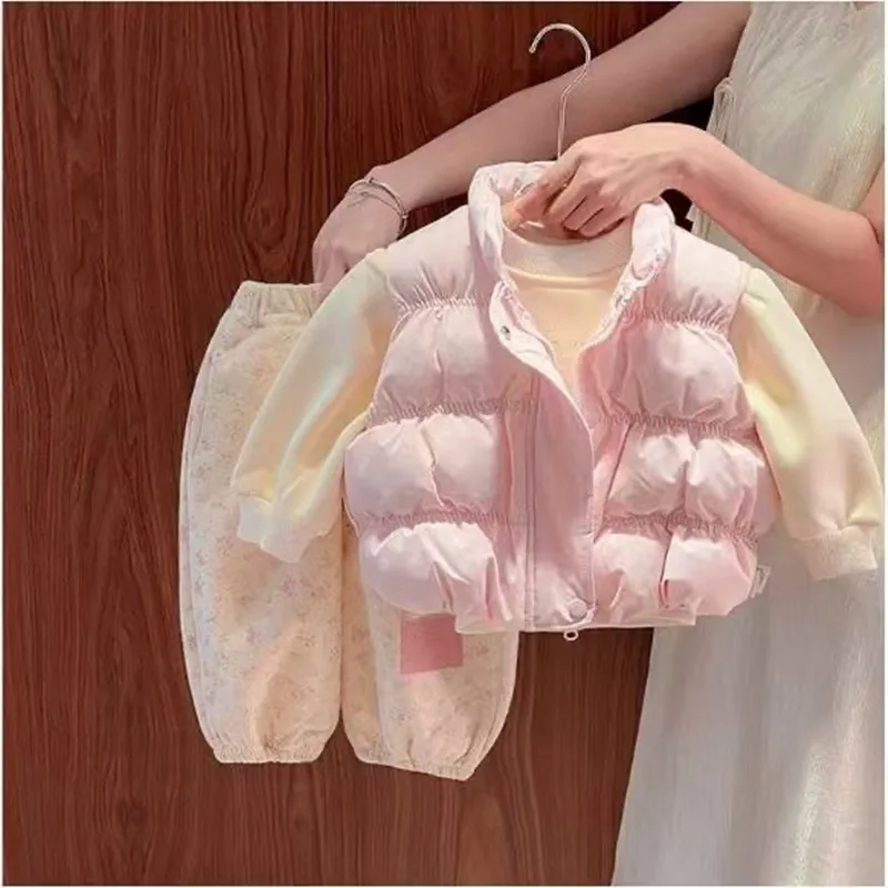 

Autumn And Winter Girls' Warm Set Fashion 2026 New Style Children's Sweet Cotton Vest+Hoodie+Pants with Velvet Three-Piece Set