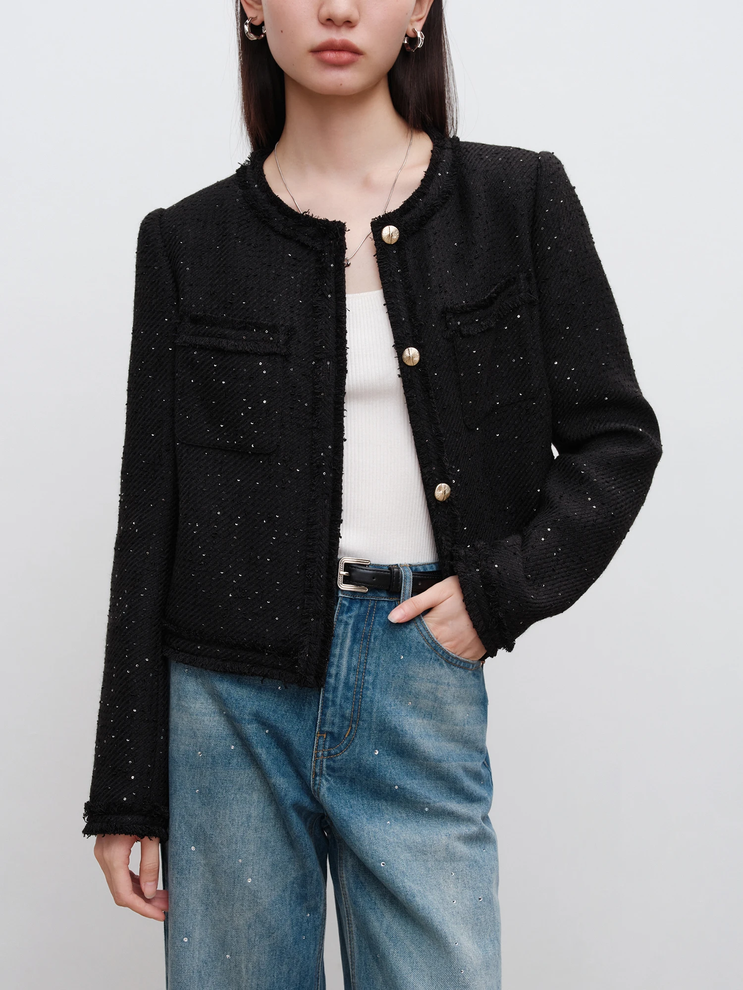 ZIQIAO Petite Size 2 Color Tweed Sequins Jacket Round Neck Short Coats 2024 Autumn New Design Chic Female Beige Coat 24ZQ93260