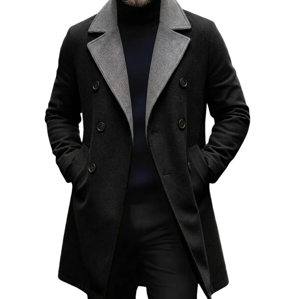 Men Mid Length Overcoat Lapel Full Sleeve Wool Blends Coat Y2k Streetwear Double Breasted Classic Formal Work Autumn Winter 2026