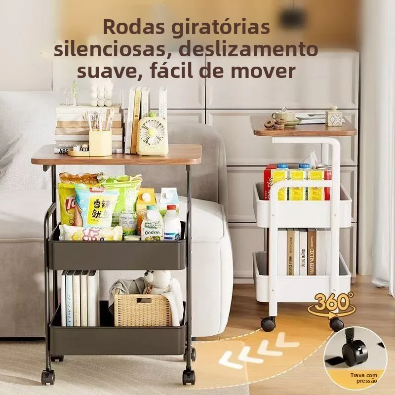 Mesa de Café Móvel Simples de Dupla Camada, Mesa Lateral para Casa, Carrinho Pequeno com Prateleira de Armazenamento para Org...