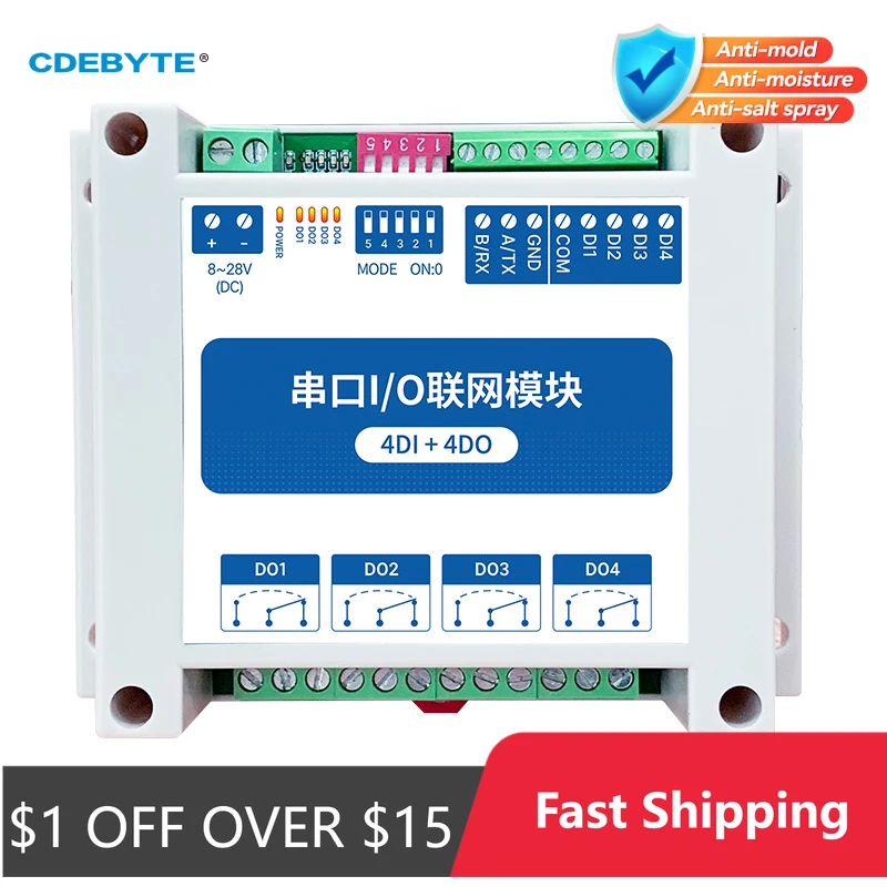 ModBus RTU Serial IO Module RS485 Interface 4DI+4DO 4 Digital Outputs Rail Installation 8~28VDC CDEBYTE MA01-AXCX4040