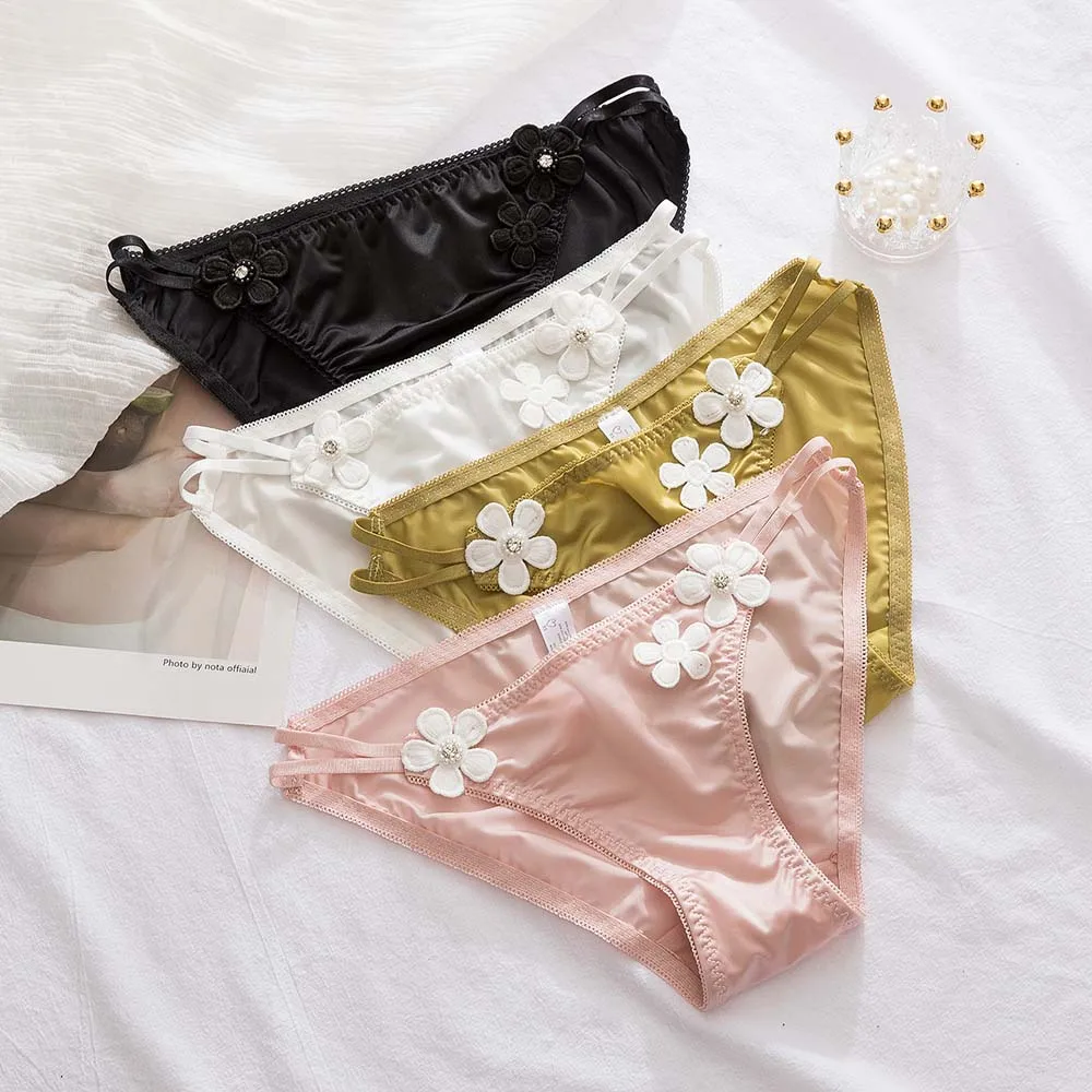 Cute Flower Japanese Low-waist Women's Panties Briefs Underwear Satin