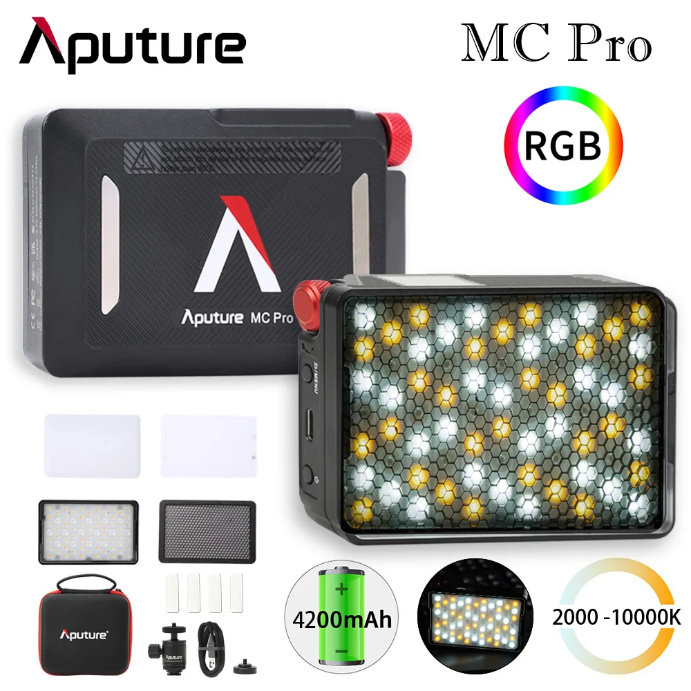 Aputure MC Pro Portable LED Light 2000K-10000K Mini RGB Light with HSI/CCT/FX Lighting Modes Video Photography Lighting