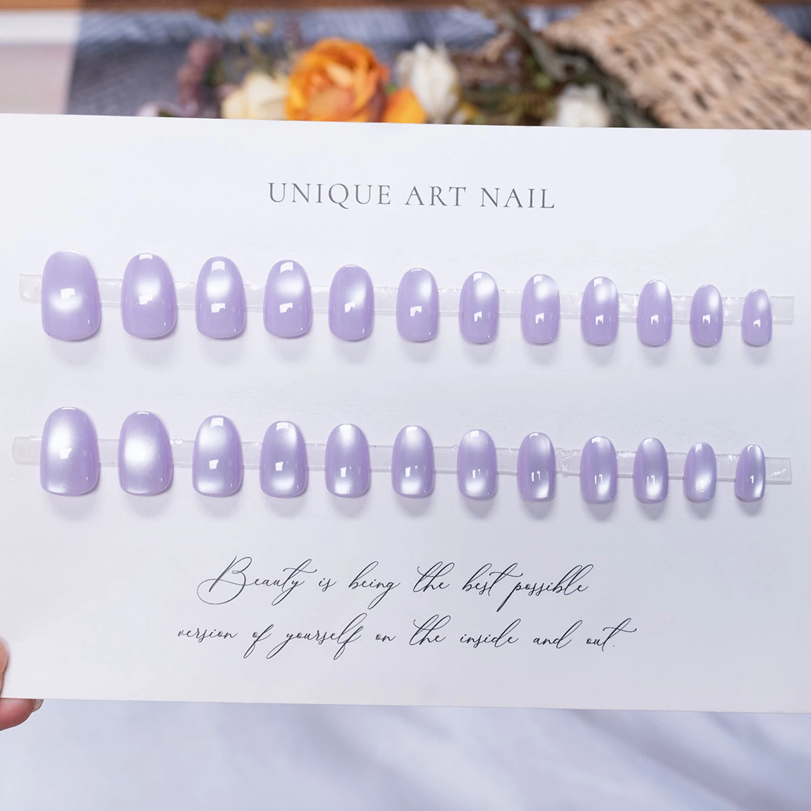 24PCS Press On Nails Glass Bead Cat Eye Effect False Nail Tips Flash Full Cover Detachable Finished False Nails Press on Nails