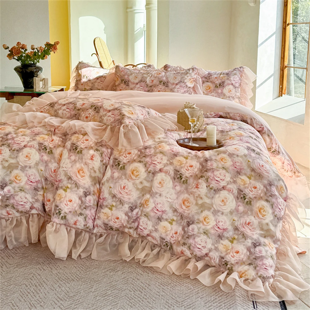 Luxury Pink Flower Bedding Set Soft Bedroom Decor Comforter Ruffles Duvet Cover Set Pillowcase Bed Sheet Cotton Four Pieces Set