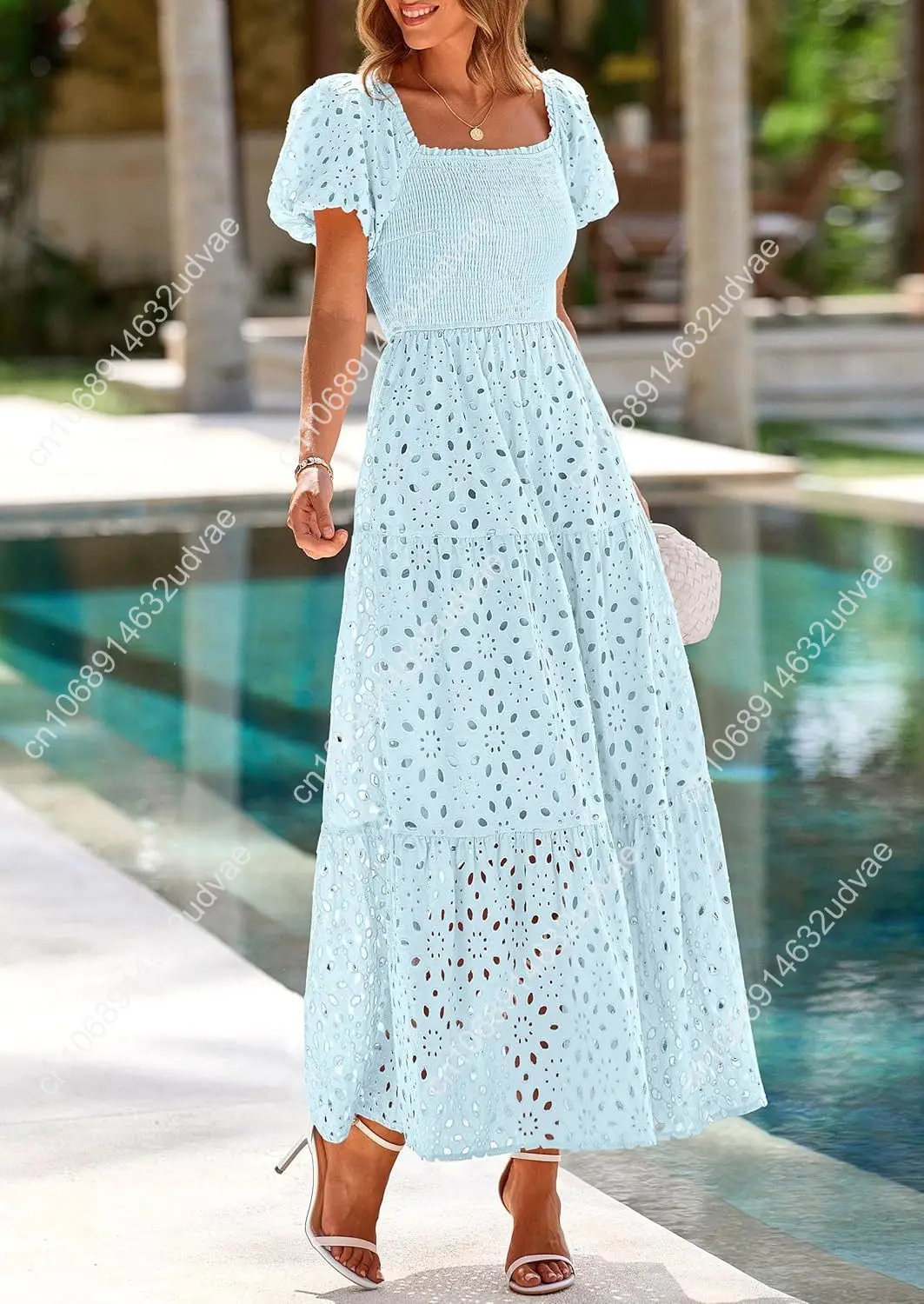 Abiti estivi da donna 2025 Abito lungo con occhielli e collo quadrato, maniche a sbuffo, smock, per invitati al matrimonio, con tasche